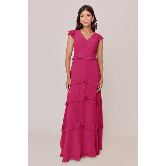 Revelry Women’s Formal Dress Pink Maxi Ruffle V-Neck Bridesmaid Prom Gown NWT - Picture 1 of 8